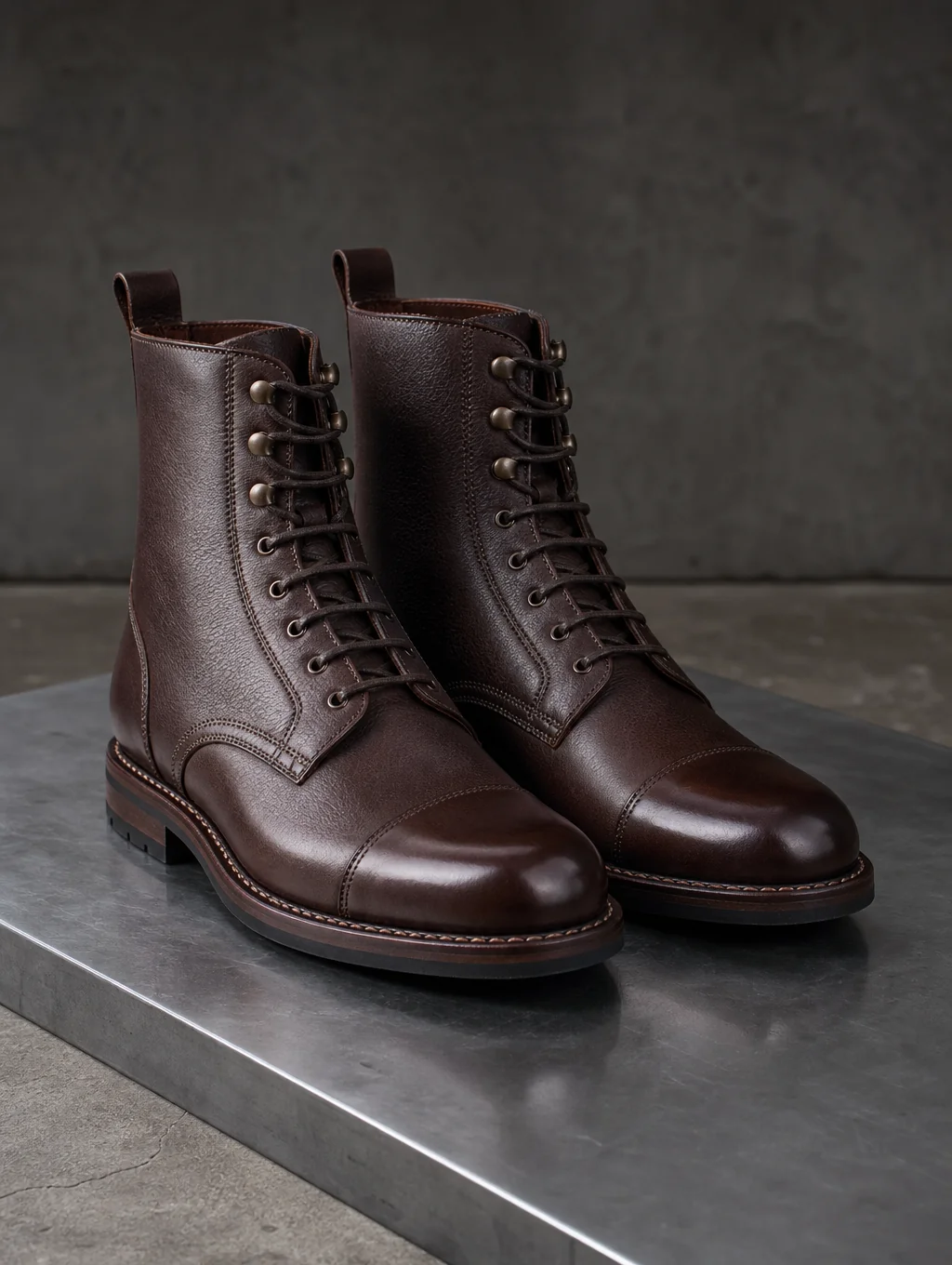 Premium leather boot on stone pedestal